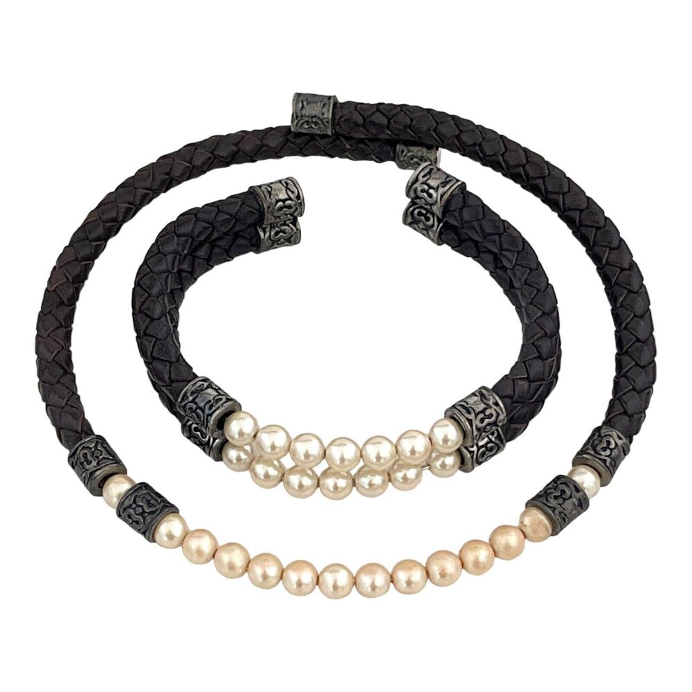 Vintage 1980s Monet Leather Pearl Necklace Bracelet Set Silver Tone - 2J